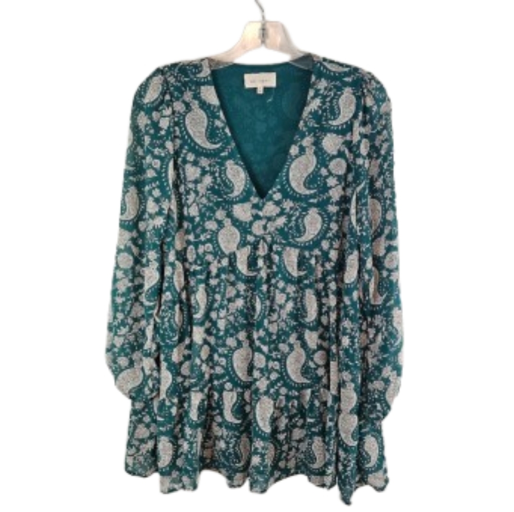 Melloday Green Paisley Tier Tunic Peasant Top Blouse Size  Small